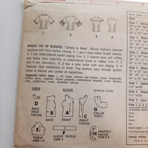 VTG 60 's SIMPLICITY BLOUSE PATTERN # 3928 - Picture 6 of 9